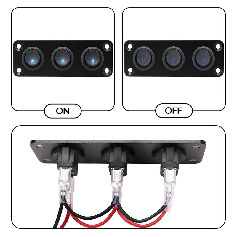 SDAQGE Round Rocker Switch Panel with 3 Pin Toggle Switch 12v 20a Blue Led Switch Panel Aluminum On Off Switch 12v for Car,Truck Marine Boat Rv Vehicle Yachts Etc （3 Way） - Image 5